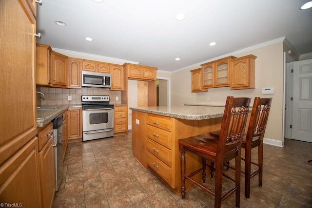 7040 Franklin Rd, Lewisville, NC 27023 - kitchen with stainless steel appliances, crown molding, tasteful backsplash, a center island, and glass insert cabinets