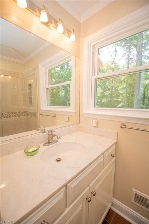 7040 Franklin Rd, Lewisville, NC 27023 - bathroom with vanity, crown molding, and a shower