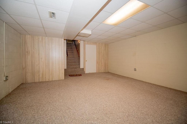 7040 Franklin Rd, Lewisville, NC 27023 - finished basement featuring carpet floors, stairway, a drop ceiling, and concrete block wall