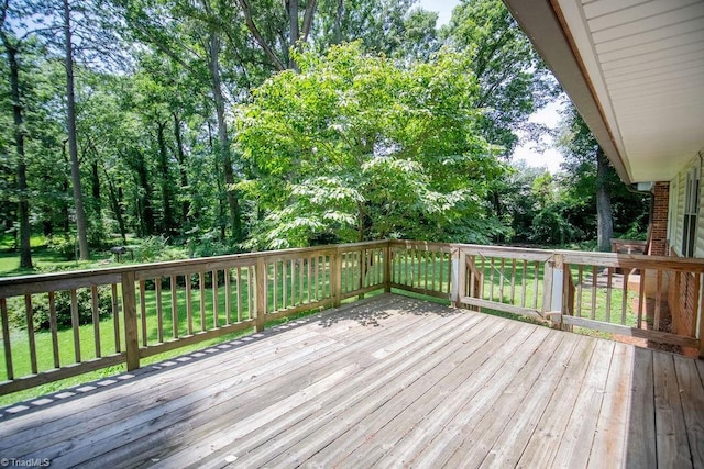 7040 Franklin Rd, Lewisville, NC 27023 - deck with a lawn and view of wooded area