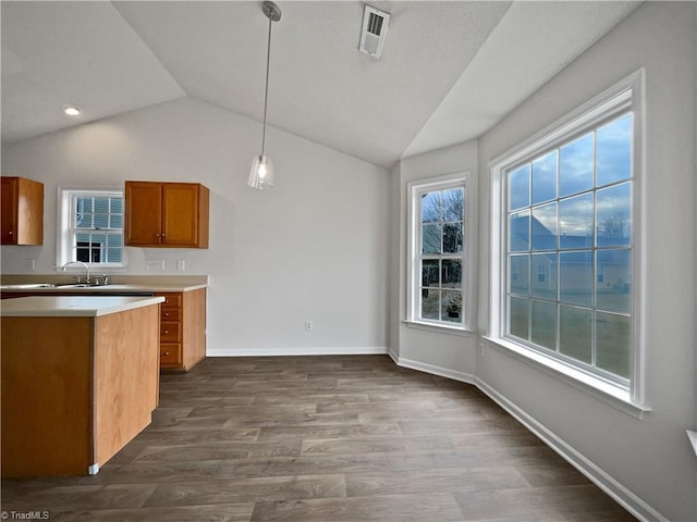 kitchen featuring lofted ceiling, dark hardwood / wood-style floors, and pendant lighting