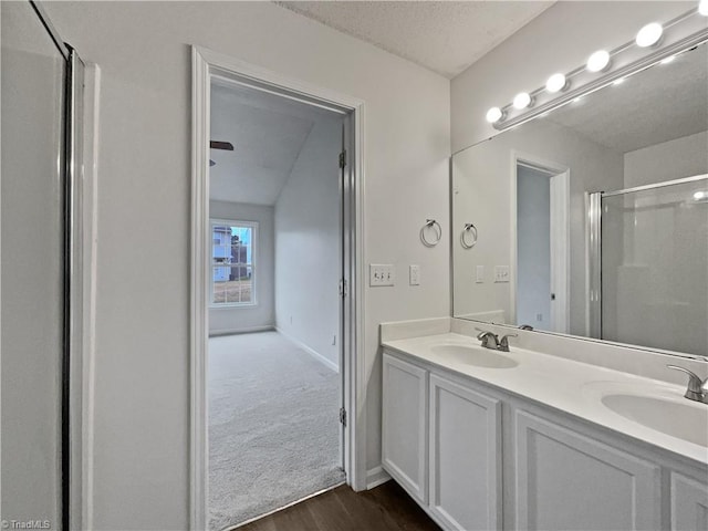 bathroom with hardwood / wood-style flooring, vanity, a shower with shower door, and a textured ceiling