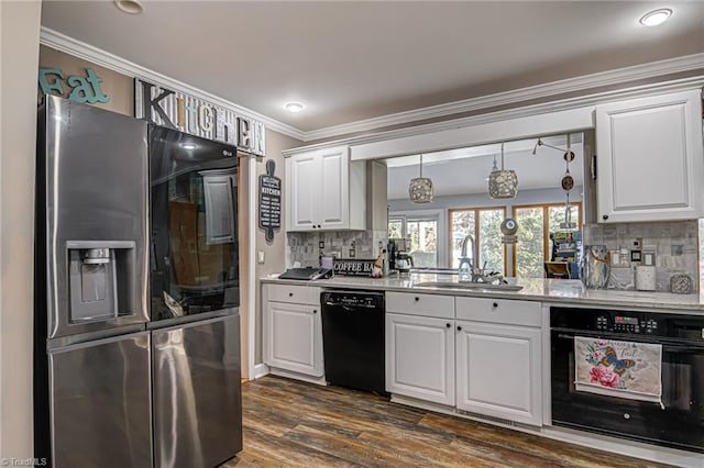 kitchen with white cabinets, sink, dark hardwood / wood-style floors, and black appliances