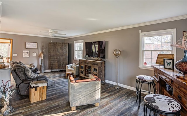 living room with ornamental molding, ceiling fan, and dark wood-type flooring