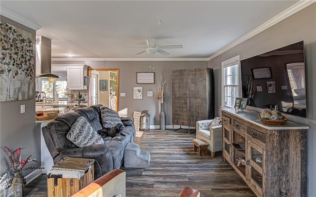 living room with ceiling fan, sink, dark hardwood / wood-style floors, and ornamental molding