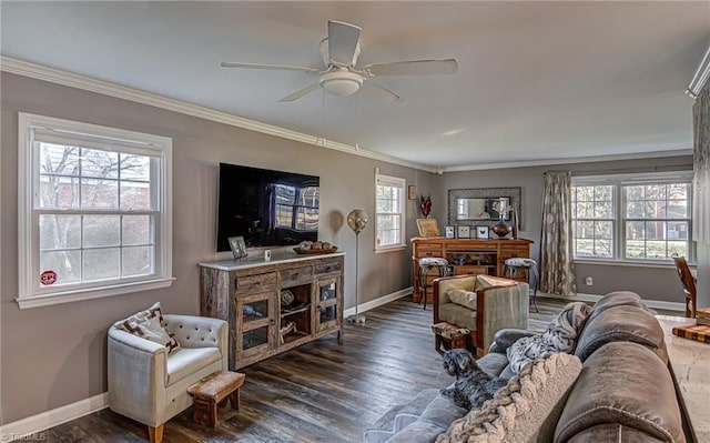 living room with crown molding, plenty of natural light, and dark wood-type flooring