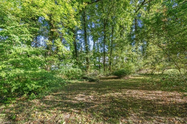 view of landscape featuring a forest view