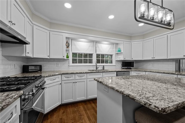 1732 Edgewood Ave, Burlington, NC 27215 - kitchen with stainless steel appliances, open shelves, crown molding, white cabinets, and dark wood finished floors