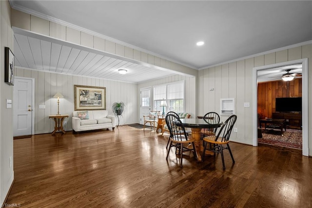 1732 Edgewood Ave, Burlington, NC 27215 - dining area featuring wood finished floors, ornamental molding, a ceiling fan, and wooden walls
