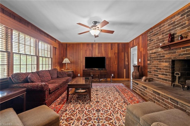 1732 Edgewood Ave, Burlington, NC 27215 - living room with a ceiling fan and wood walls