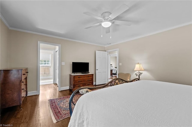 1732 Edgewood Ave, Burlington, NC 27215 - bedroom featuring ornamental molding, wood finished floors, a ceiling fan, and ensuite bath
