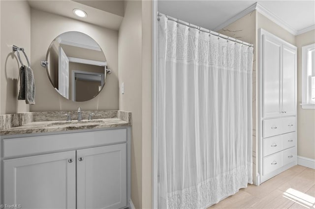 1732 Edgewood Ave, Burlington, NC 27215 - bathroom featuring vanity, recessed lighting, crown molding, and a shower with shower curtain