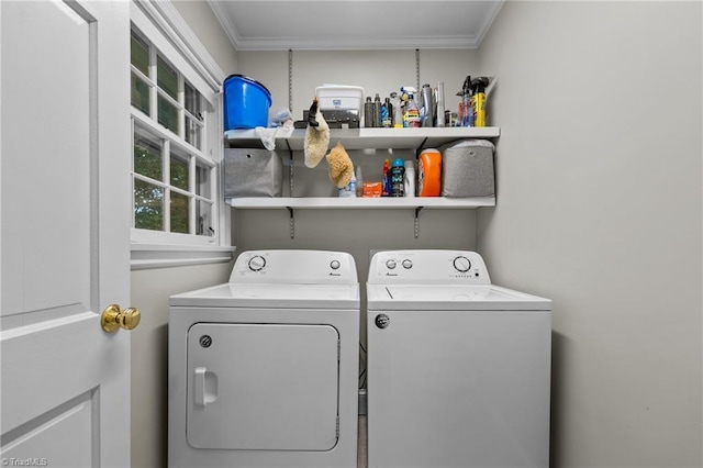 1732 Edgewood Ave, Burlington, NC 27215 - washroom with washer and clothes dryer and ornamental molding