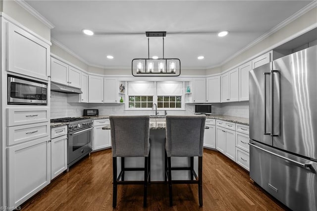 1732 Edgewood Ave, Burlington, NC 27215 - kitchen featuring high quality appliances, open shelves, white cabinets, ornamental molding, and light stone counters