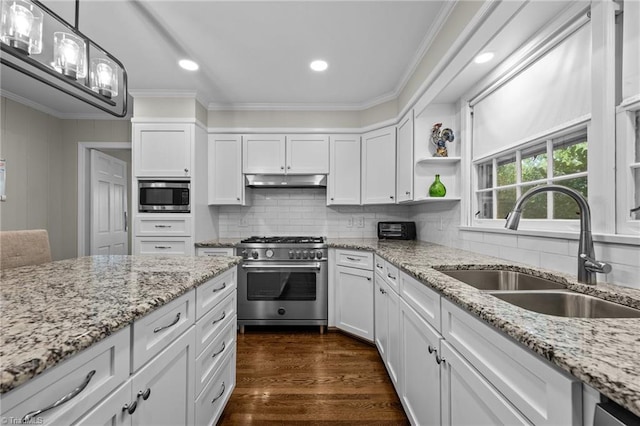 1732 Edgewood Ave, Burlington, NC 27215 - kitchen featuring appliances with stainless steel finishes, ornamental molding, white cabinets, tasteful backsplash, and dark wood-type flooring