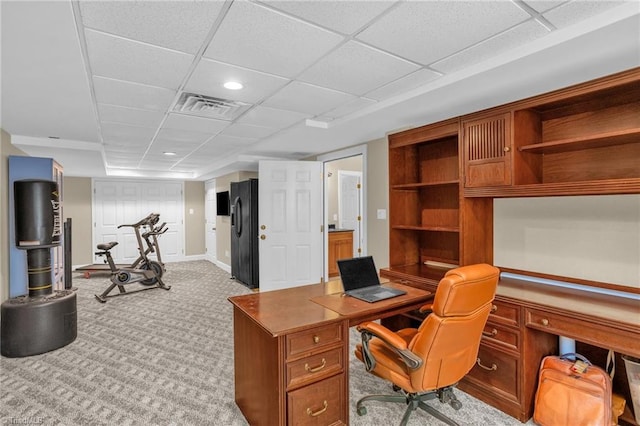 office area featuring recessed lighting, a paneled ceiling, visible vents, baseboards, and light colored carpet