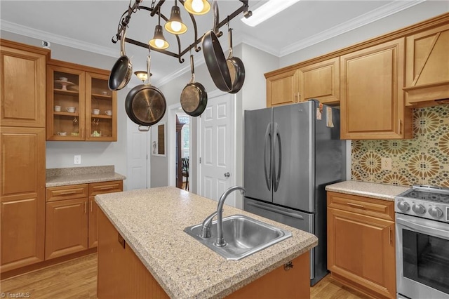 kitchen with crown molding, light wood-style flooring, glass insert cabinets, a sink, and appliances with stainless steel finishes