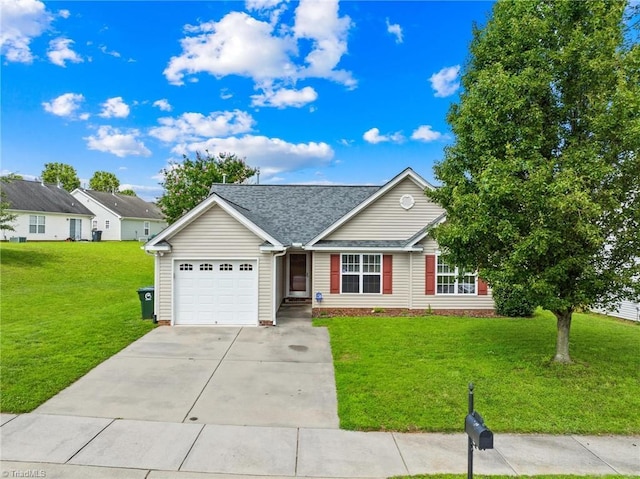 5803 Sycamore Glen Rd, Greensboro, NC 27405 - view of front of house with an attached garage, a front lawn, concrete driveway, and roof with shingles