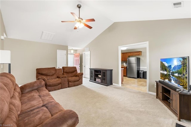 5803 Sycamore Glen Rd, Greensboro, NC 27405 - living area featuring ceiling fan, light colored carpet, and high vaulted ceiling