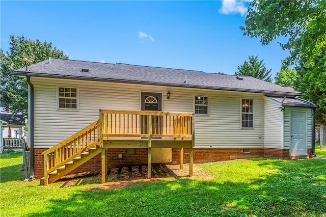 1650 Billy Dr, Winston-Salem, NC 27107 - rear view of house featuring a lawn, a wooden deck, crawl space, stairs, and roof with shingles