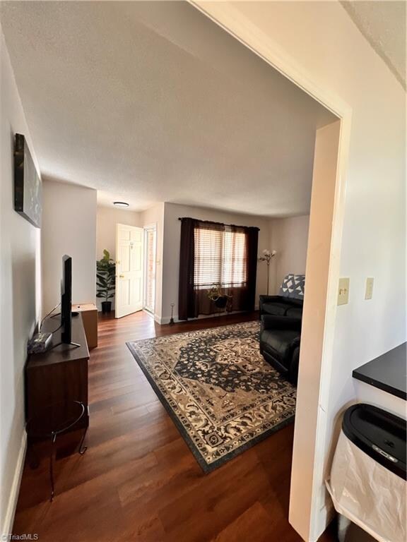 living room with dark hardwood / wood-style flooring