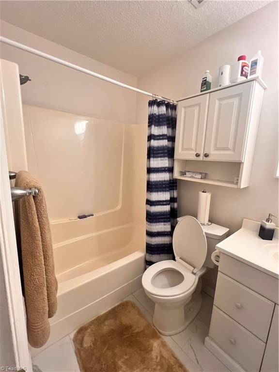 full bathroom with vanity, toilet, shower / bath combination with curtain, and a textured ceiling