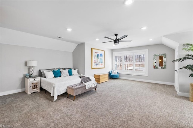 carpeted bedroom with lofted ceiling and ceiling fan