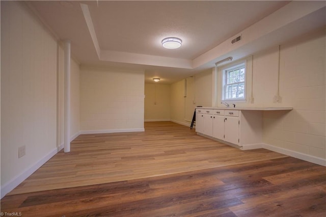 804 W 4th Ave, Lexington, NC 27292 - interior space featuring a tray ceiling, light wood-type flooring, baseboards, a sink, and visible vents