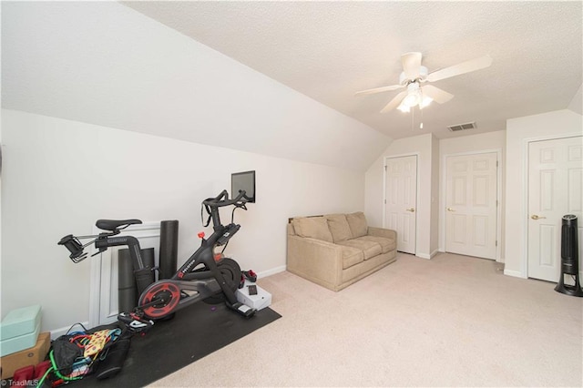 1923 Treyburn Ln, High Point, NC 27265 - workout room featuring a ceiling fan, light colored carpet, vaulted ceiling, and a textured ceiling