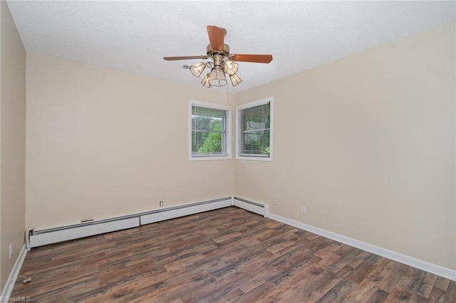 unfurnished room featuring wood finished floors, baseboards, a ceiling fan, and a baseboard radiator