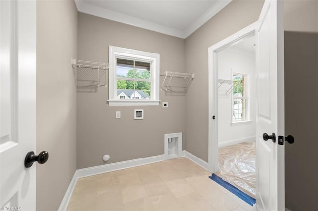 6957 Orchard Path Dr, Clemmons, NC 27012 - laundry room with electric dryer hookup, washer hookup, crown molding, baseboards, and hookup for a gas dryer
