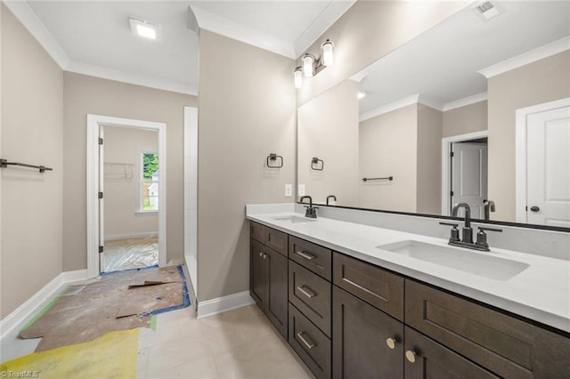 6957 Orchard Path Dr, Clemmons, NC 27012 - bathroom with double vanity, ornamental molding, and baseboards
