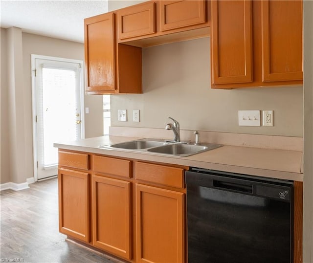 kitchen featuring dishwasher, plenty of natural light, wood-type flooring, and sink