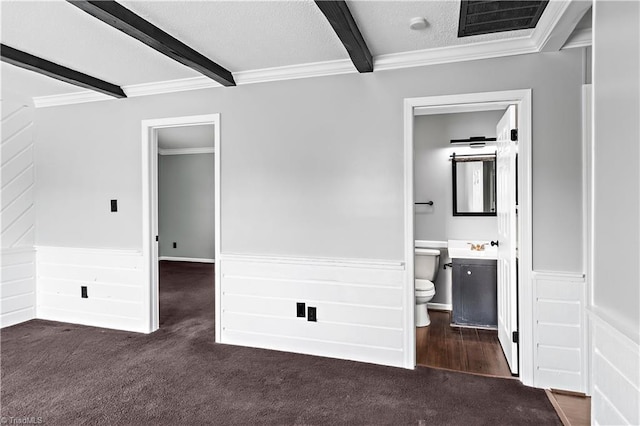 170 Vista Cir Unit C, Winston-Salem, NC 27106 - unfurnished bedroom with beamed ceiling, wainscoting, carpet, ornamental molding, and ensuite bath