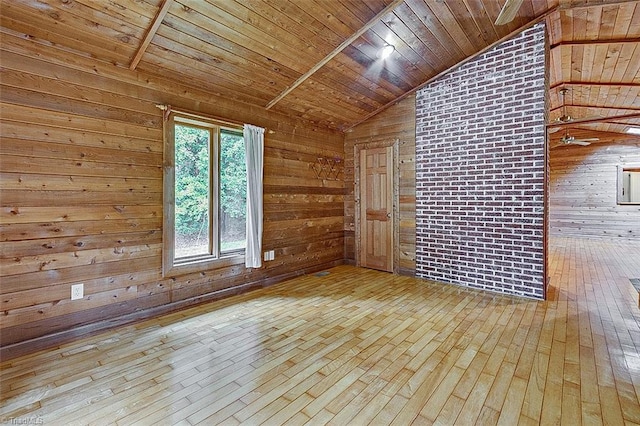 interior space with wooden ceiling, light hardwood / wood-style floors, and wood walls