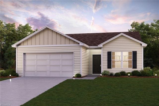 1931 Calvin Ave, Salisbury, NC 28147 - view of front facade featuring concrete driveway, a shingled roof, a garage, a front yard, and board and batten siding