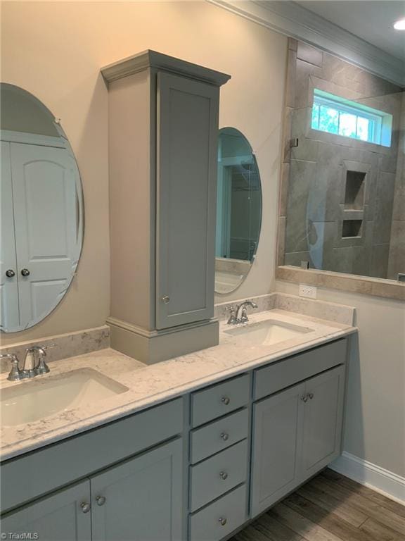 bathroom with double vanity, ornamental molding, a sink, and wood finished floors