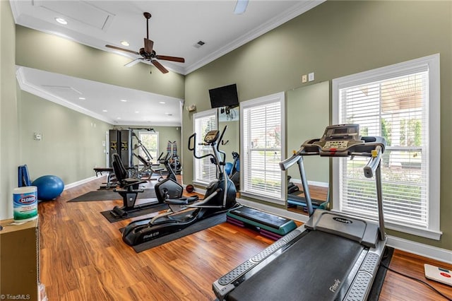 workout area with ornamental molding, wood finished floors, visible vents, and baseboards