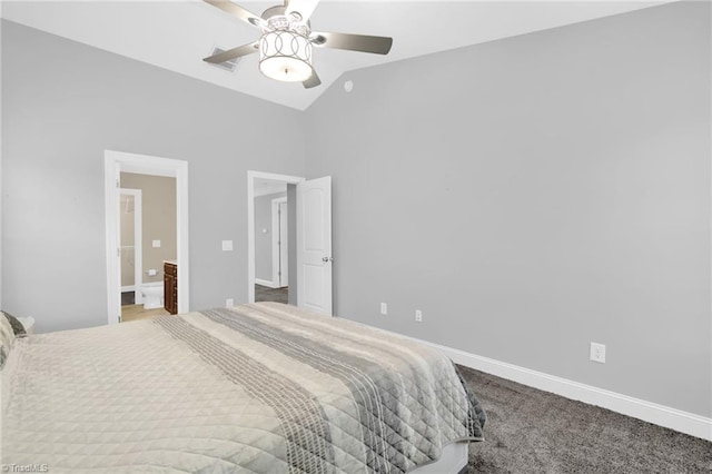 1604 Sunny Hill Way, Colfax, NC 27235 - carpeted bedroom featuring baseboards, lofted ceiling, ceiling fan, and ensuite bath
