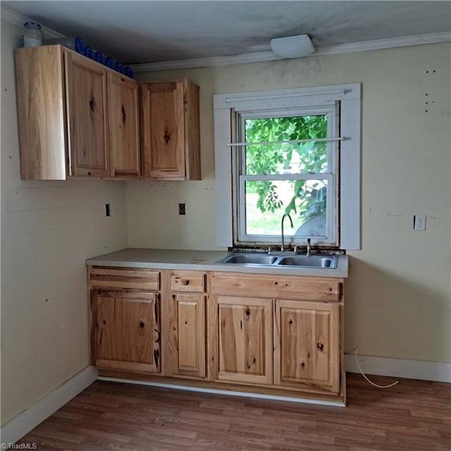 5426 Cedarbrook Rd, Jonesville, NC 28642 - kitchen featuring a sink, wood finished floors, light brown cabinetry, crown molding, and baseboards