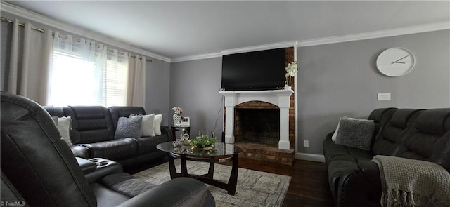 3613 Mcconnell Rd, Greensboro, NC 27405 - living area featuring ornamental molding, a brick fireplace, and wood finished floors