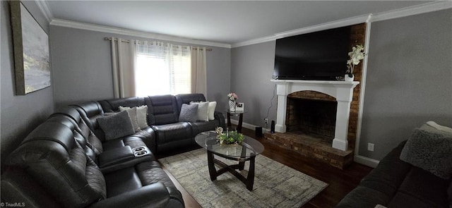3613 Mcconnell Rd, Greensboro, NC 27405 - living area featuring a brick fireplace, crown molding, and wood finished floors