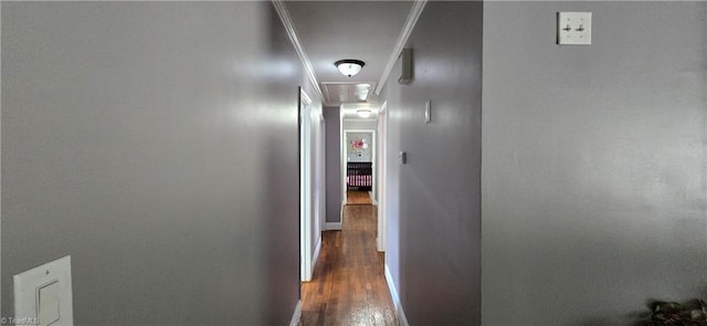 3613 Mcconnell Rd, Greensboro, NC 27405 - corridor featuring wood finished floors, ornamental molding, and attic access