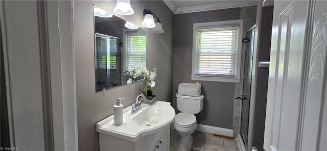 3613 Mcconnell Rd, Greensboro, NC 27405 - full bathroom featuring vanity, a stall shower, and ornamental molding