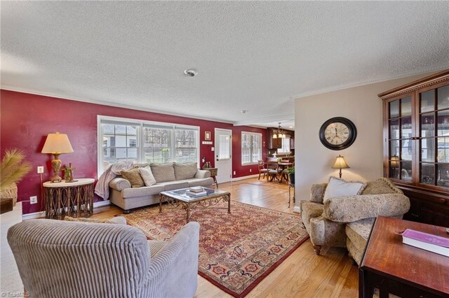 living area with a textured ceiling, a chandelier, and light wood-style floors