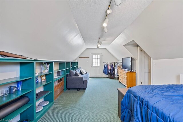 carpeted bedroom featuring rail lighting and vaulted ceiling