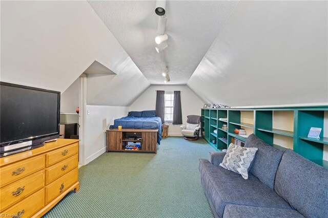 bedroom with track lighting, baseboards, carpet floors, and vaulted ceiling