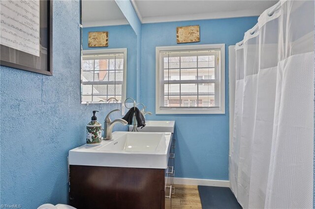 full bathroom with double vanity, baseboards, wood finished floors, and a sink
