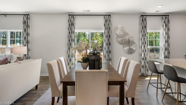 dining area featuring dark hardwood / wood-style floors and a wealth of natural light