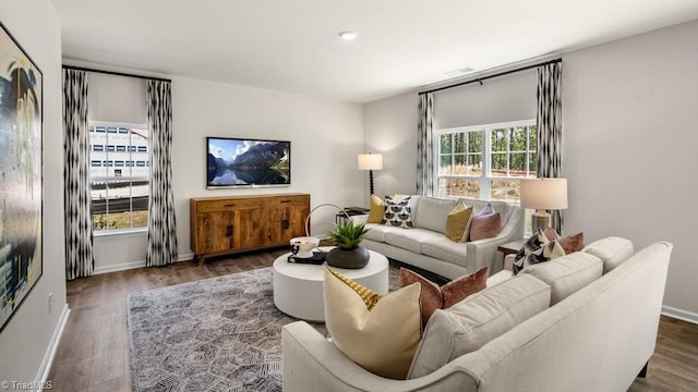 living room with dark hardwood / wood-style flooring